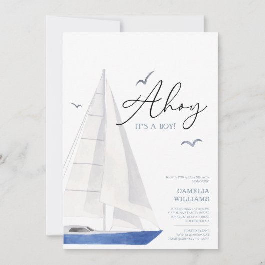 Minimale Nautical Sailboat Baby shower Ahoy Boy's Kaart (Voorkant)