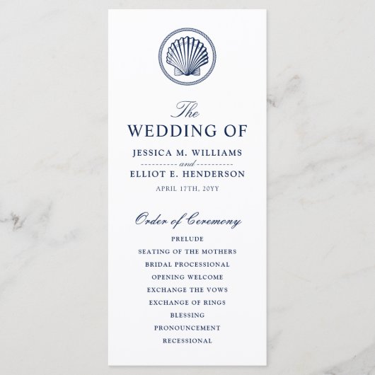 Minimale nautische bruiloft programma Seashell The Programmakaart (Voorkant)