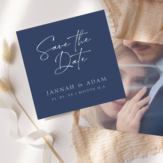 Minimale Navy Blauwe Script Foto Huwelijk Save The Date