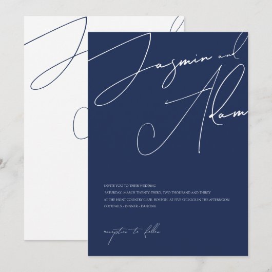 Minimale Navy Blauwe Script Typografie Trouwdag Kaart (Voorkant / Achterkant)