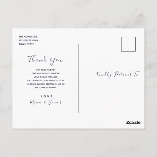 Minimale Navy Blue bruiloft dank u Briefkaart (Achterkant)