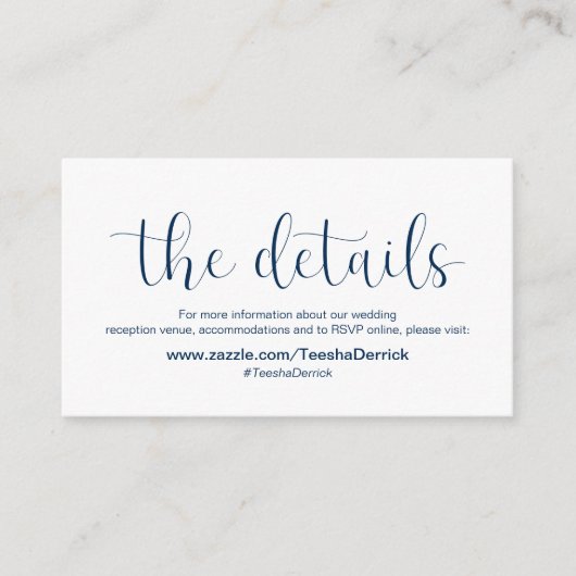 Minimale, Navy blue font, Wedding Details Informatiekaartje (Voorkant)