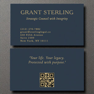 Minimale Navy Blue Gold wettelijke QR-code Visitekaartje