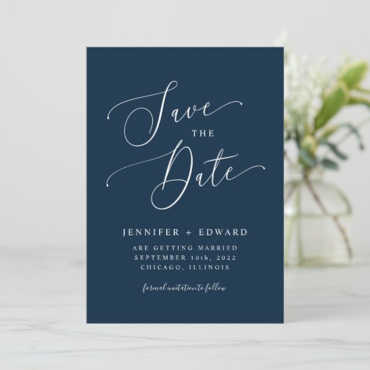 Minimale Navy Blue Modern Save The Date (Staand voorkant)