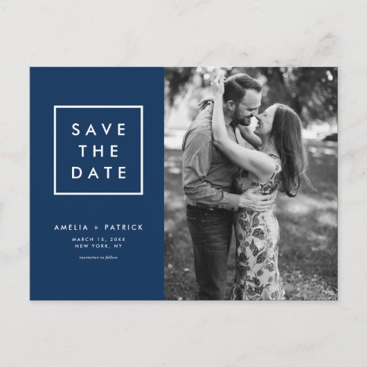 Minimale Navy Blue Photo Save the Date Aankondigingskaart (Voorkant)