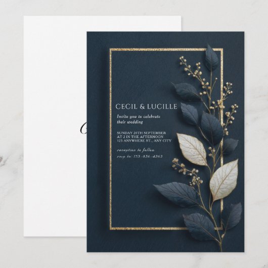 Minimale Navy en Gold Leaf Wedding Kaart (Voorkant / Achterkant)