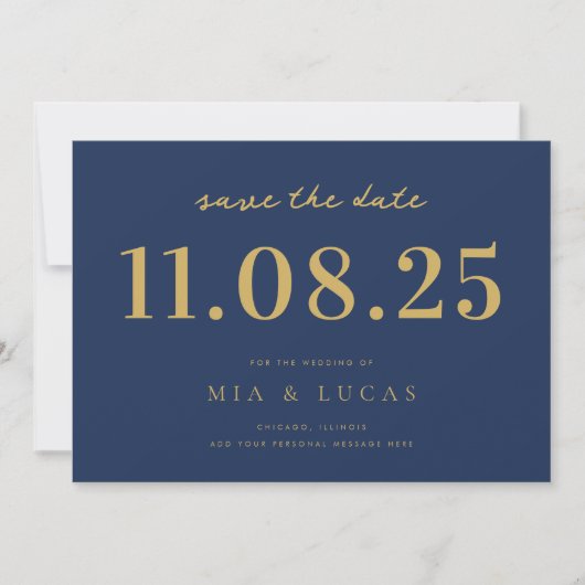 Minimale Navy Gold Chique trouwdatum niet-foto Save The Date (Voorkant)
