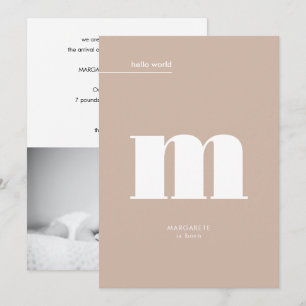 Minimale Neutrale Beige Monogram Foto Baby Aankondiging