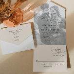 Minimale Neutrale Boho Blush Photo Wedding All In One Uitnodiging<br><div class="desc">Deze elegante All-In-One Uitnodiging van de Weddenschap kenmerkt een het vegen tekst van de manuscriptkalligrafie die met een klasbare serif & een moderne sans doopvont in zwart,  met een fotobekleding op de voorzijde en een klantgericht monogram op de rug in kaart wordt gebracht. Overeenkomende objecten beschikbaar.</div>