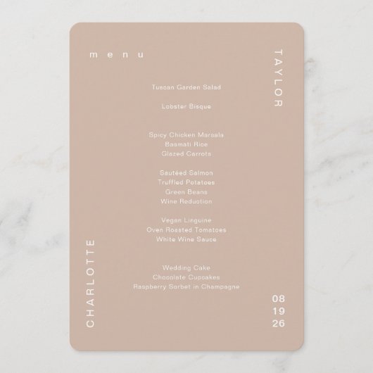 Minimale neutrale Tan Cream Wedding Dinner Menu (Voorkant)