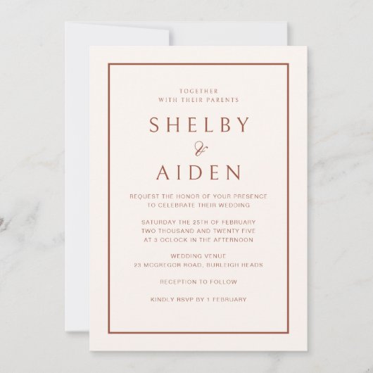 Minimale neutrale terracotta moderne bruiloft kaart (Voorkant)