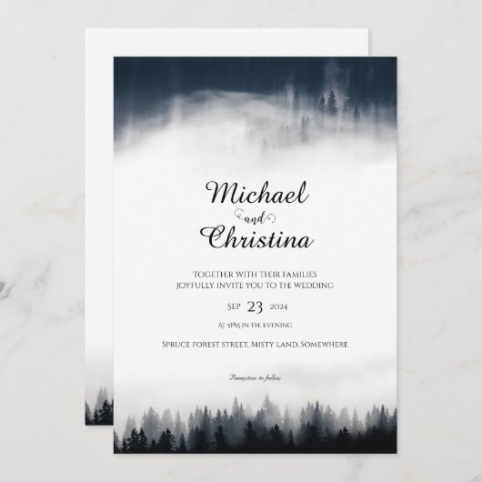Minimale nevelige sparrenbos natuur bruiloft kaart (Voorkant / Achterkant)