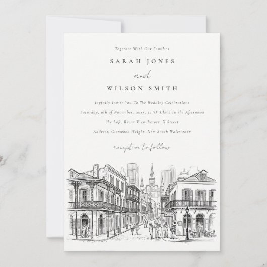 Minimale New Orleans Louisiana Schets Bruiloft Kaart (Voorkant)