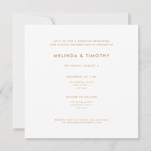 Minimale Ochre Gold Typography Wedding Rehearal Kaart (Achterkant)