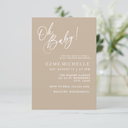 Minimale Oh Baby, neutrale baby shower uitnodiging (Staand voorkant)