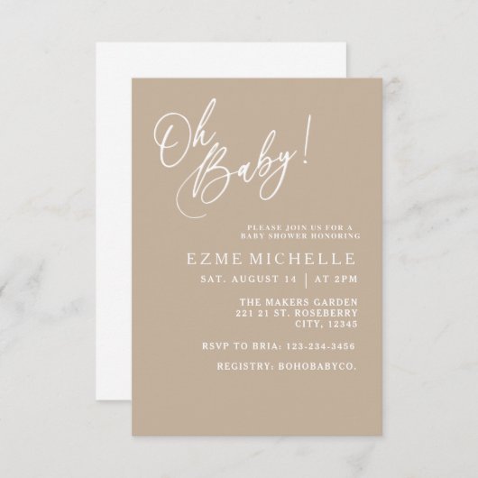 Minimale Oh Baby, neutrale baby shower uitnodiging (Voorkant / Achterkant)