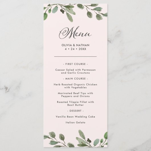 Minimale olievlek | Blush roze bruiloft Menu (Voorkant)