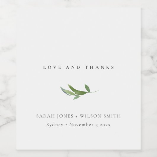 Minimale olievlek Greenery Wedding Bedankt Wijn Etiket (Enkel label)