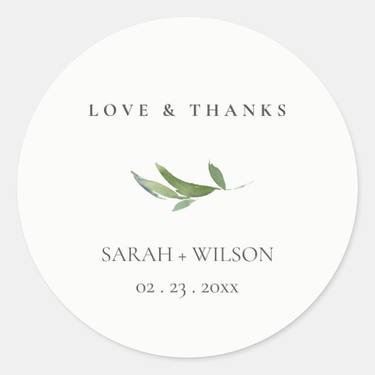 Minimale olievlek Greenery Wedding Love & Bedankt Ronde Sticker (Voorkant)