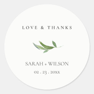 Minimale olievlek Greenery Wedding Love & Bedankt Ronde Sticker