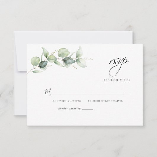 Minimale olievlek met de groene eucalyptus RSVP kaartje (Voorkant)