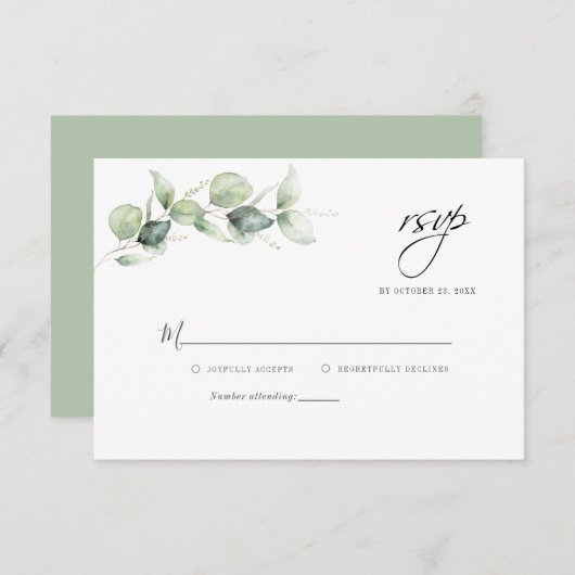 Minimale olievlek met de groene eucalyptus RSVP kaartje (Voorkant / Achterkant)