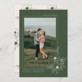 Minimale olijfgroene anemoon kunst bloemige bruilo save the date (Voorkant / Achterkant)