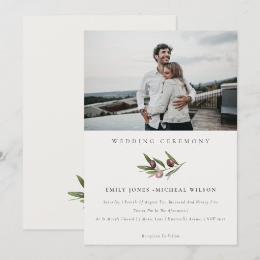 Minimale Olijfstok Foliage Photo Wedding Invite Bedankkaart (Voorkant / Achterkant)