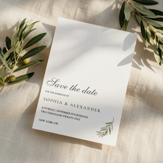 Minimale Olijftak Save the Date Kaart