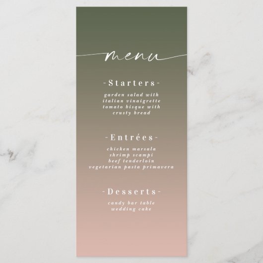 Minimale ombre Hunter Green & Pink Wedding Menu (Voorkant)