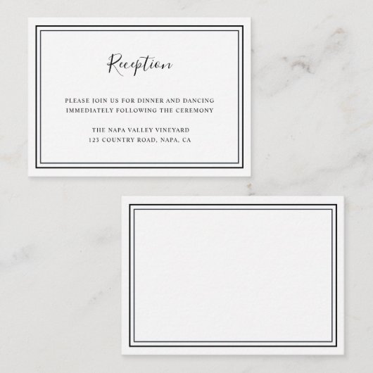 Minimale ontvangst van zwarte en witte bruiloft informatiekaartje (Voorkant / Achterkant)