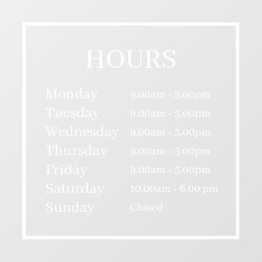 Minimale openingstijden transparante raamfolie raamsticker (Vel)