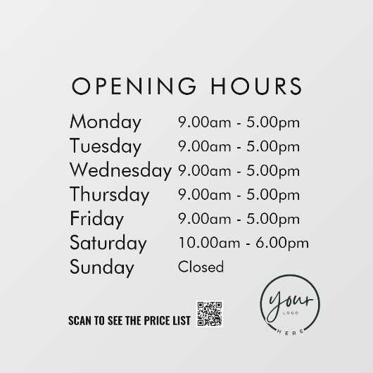 Minimale openingstijden Transparante Windows Cling Raamsticker (Vel)