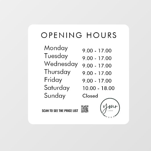 Minimale openingstijden Transparante Windows Cling Raamsticker (Vel)