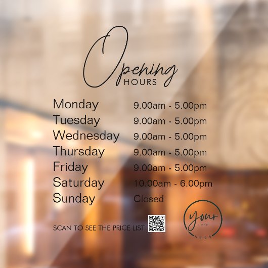 Minimale openingstijden Transparante Windows Cling Raamsticker (Vel 2)