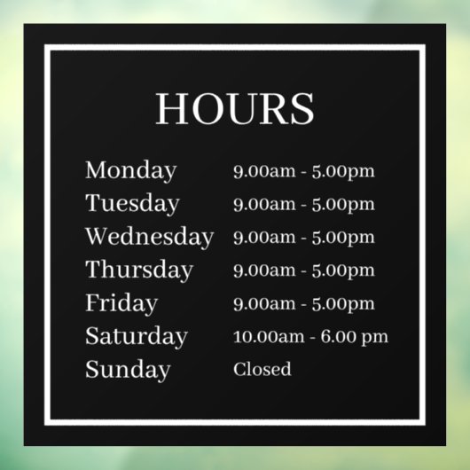 Minimale openingstijden Venster Cling Raamsticker (Vel 3)