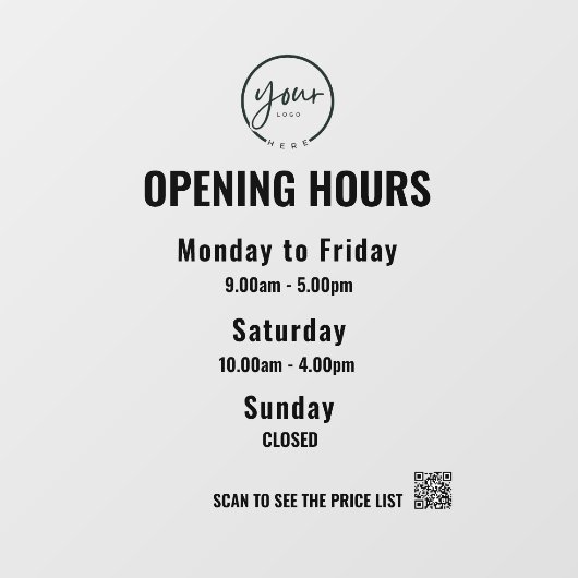 Minimale openingstijden Witte Windows Cling Raamsticker (Vel)