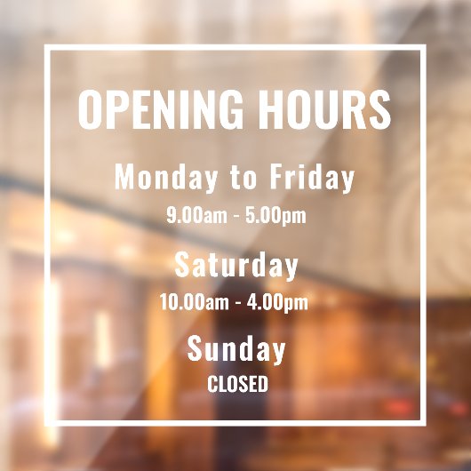 Minimale openingstijden Witte Windows Cling Raamsticker (Vel 2)