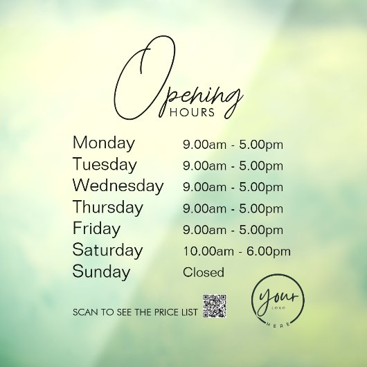 Minimale openingsuren Transparante vensterfolie Raamsticker (Vel 3)