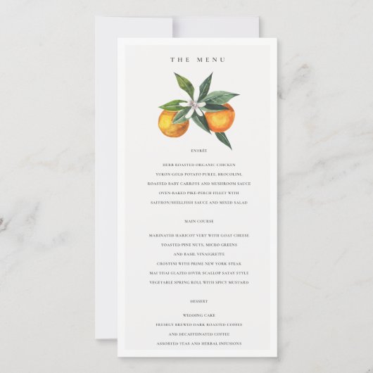 Minimale Oranje Boho Botanical Wedding Menu Kaart (Voorkant)