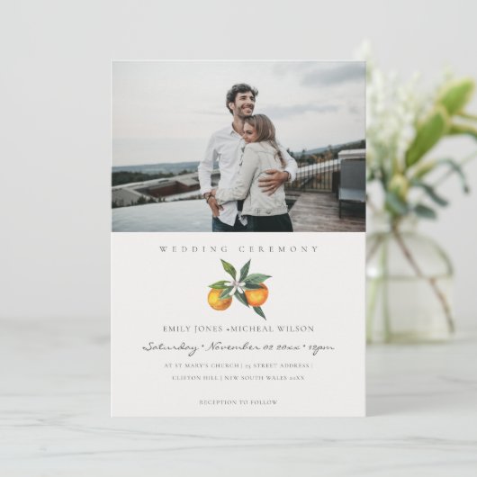 Minimale Oranje botanische Boho-foto-bruiloft Bedankkaart (Staand voorkant)