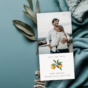 Minimale oranje botanische foto save the date kaar bedankkaart
