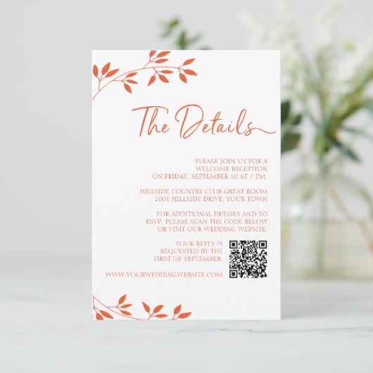 Minimale Oranje bruiloft RSVP Online QR Code Detai Informatiekaartje (Staand voorkant)