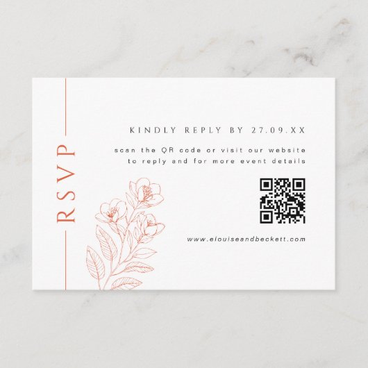 Minimale Oranje Floral Reply Kaart met QR-code (Voorkant)