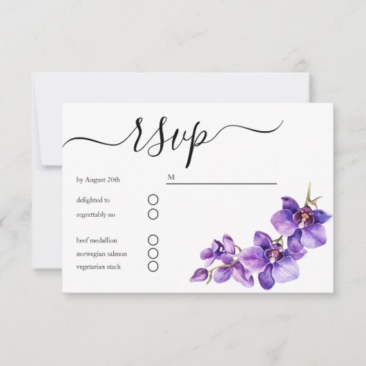 minimale Orchidee bloemenscript bruiloft RSVP Kaartje (Voorkant)