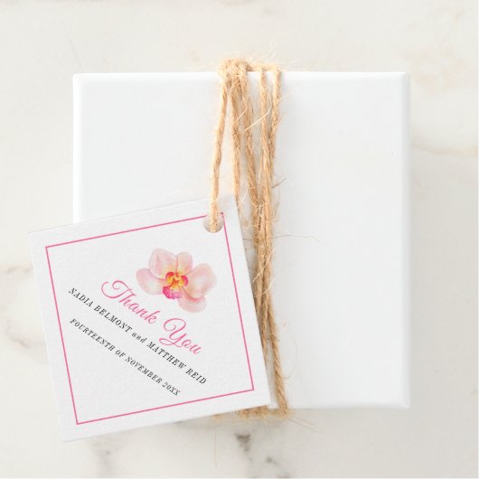 Minimale orchidee roze witte bruiloft dank u bedankjes labels (In situ)
