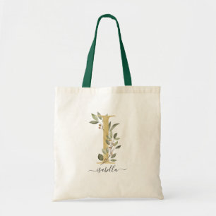 Minimale Organische Groene Gouden Monogram Letter  Tote Bag
