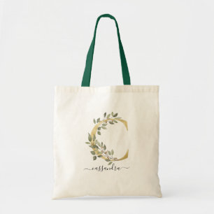 Minimale Organische Groene Gouden Monogram Letter  Tote Bag