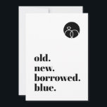 Minimale oude, nieuwe, geleende blauwe, moderne, o save the date<br><div class="desc">Leuke manier om je verloving aan te kondigen / de datum op te slaan. Kan volledig worden aangepast aan uw behoeften. © Gorjo Design. Gemaakt voor u via het Zazzle platform. // Hulp nodig bij het aanpassen van uw ontwerp? Heb je andere ideeën? Voel je vrij om rechtstreeks contact met...</div>