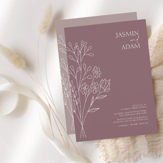 Minimale paardenbloem Paarse witbloemen bruiloft Kaart